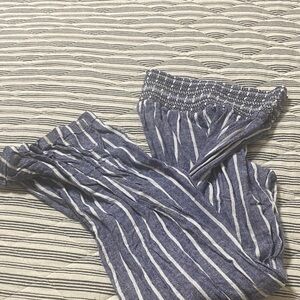Rewash Blue and White Striped Wide Leg Pants Linen Blend
